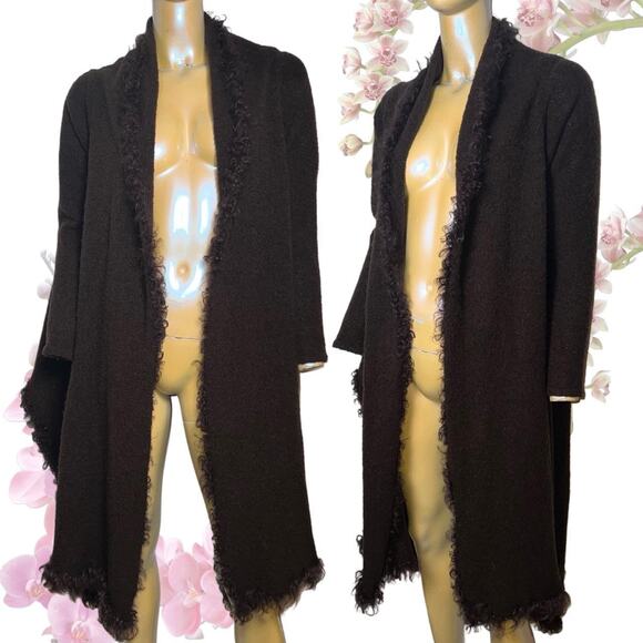 Brown Hair Like Wool Cardigan With Fuzzy Trim - Picture 2 of 8